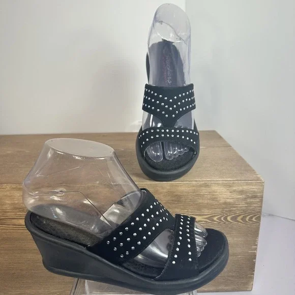 Skechers Black Studded Wedge Slide Sandals Womens 9 Memory Foam Whimsigoth Y2K - Picture 1 of 10